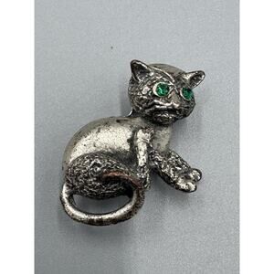 Vintage Kitty Cat Kitten Gray Colored W/ Green Eyes Brooch READ DESCRIPTION
